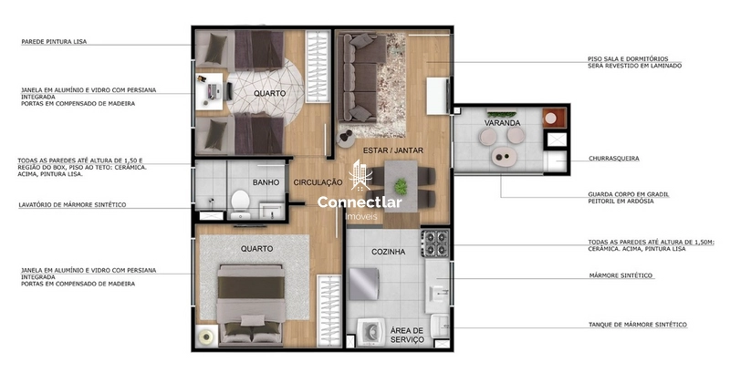 Apartamento 2 dormitórios – varanda com churrasqueira - Porto Ibiza: 11ª foto da galeria de imagens do imóvel