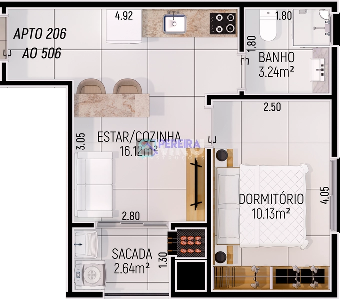Apartamento para estudante em Santa Maria: 2ª foto da galeria de imagens do imóvel