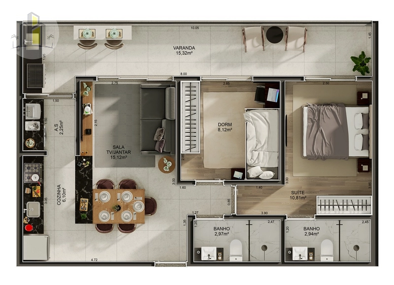 Apartamento 2 Dormitórios - 1 Suíte – House Garden - Canto do Forte: 5ª foto da galeria de imagens do imóvel