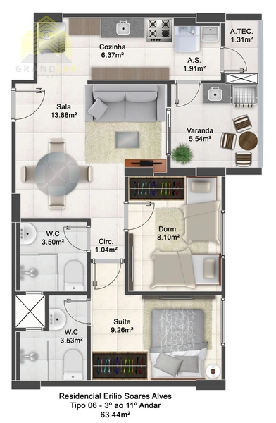 Apartamento de 2 dorms com 1 suíte, 61m², à venda por R$451.344,56.: 9ª foto da galeria de imagens do imóvel