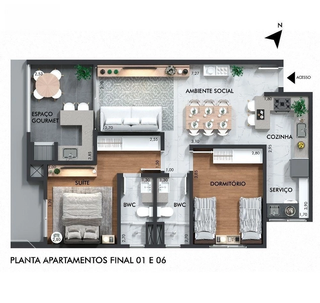 APARTAMENTO COM 1 SUÍTE E 1 QUARTO NO CENTRO: 3ª foto da galeria de imagens do imóvel