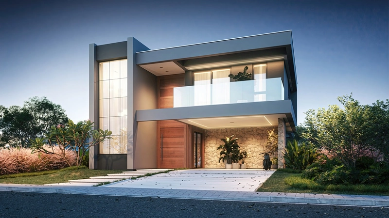 Casa em condomínio com arquitetura moderna e ambientes amplos