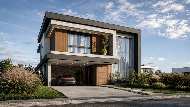 Casa em condomínio com arquitetura moderna e ambientes amplos