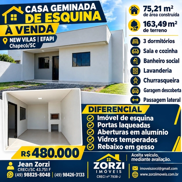 CASA GEMINADA DE ESQUINA À VENDA - BAIRRO  EFAPI – CHAPECÓ/SC: 1ª foto da galeria de imagens do imóvel